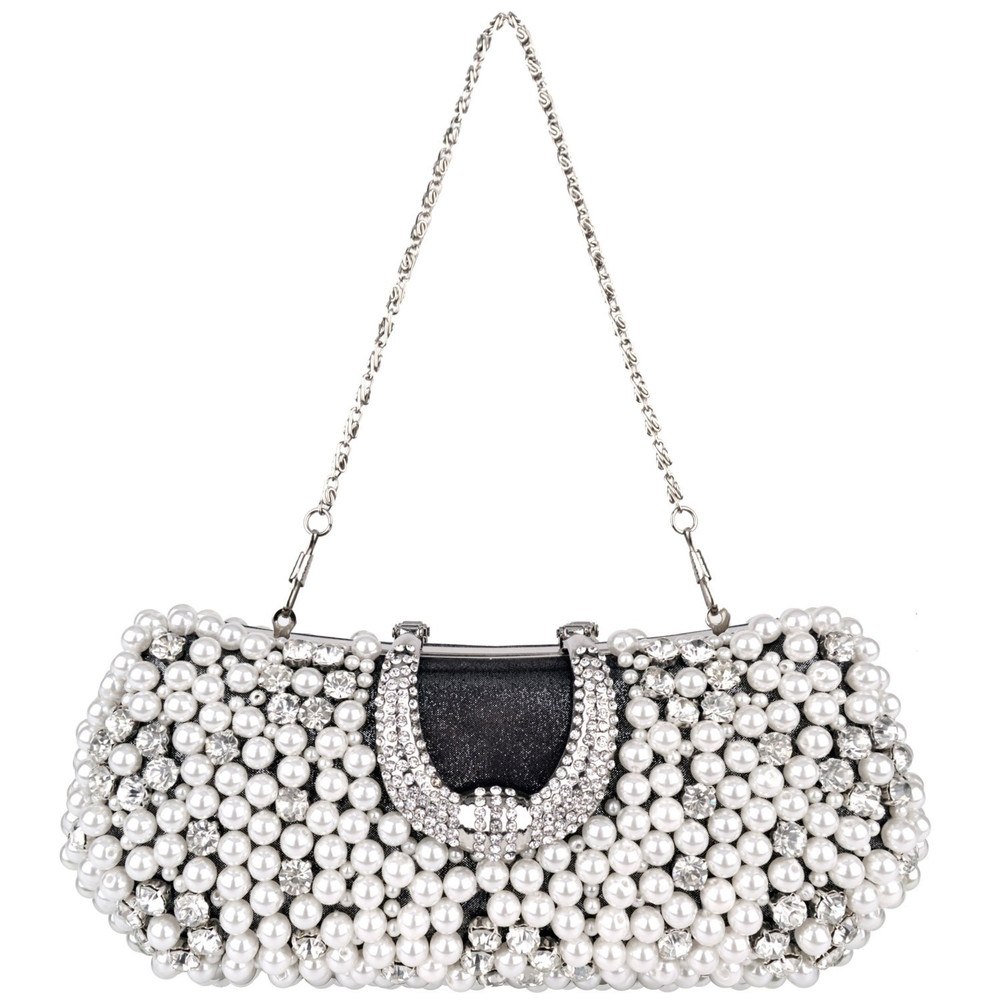 Bling Handmade Pearl Beads Rhinestone Closure Hard Case Bling Handmade Pearl Beads Rhinestone Closure Hard Case Rectangle Evening Bag Handbag Purse 2 Chains Straps B77917c