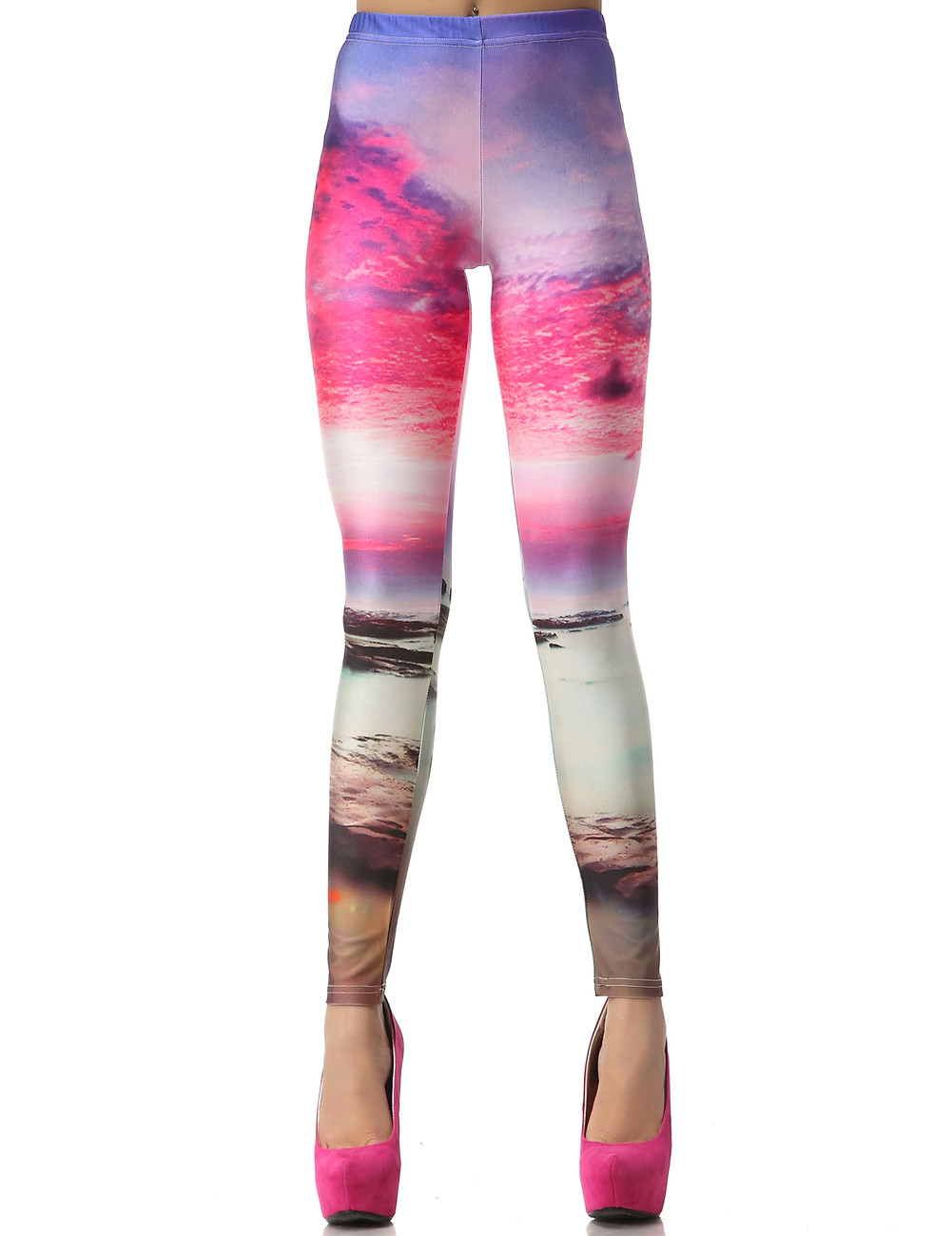 Neon Pink Beach Sunset Print Bodycon Legging Tight Pants PrettyGuide