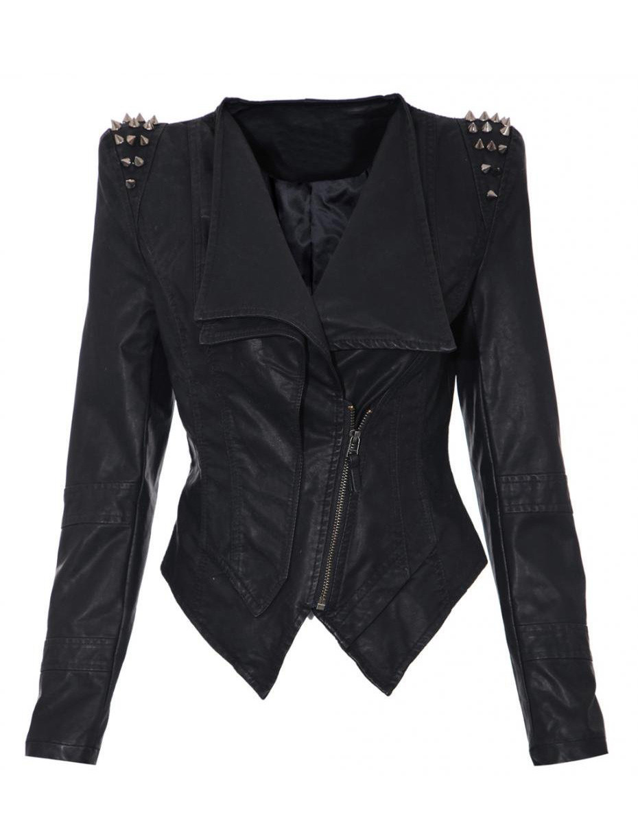 Women Studs Shoulder Pads Faux Leather Black Biker Blazer Jacket Women Studs Shoulder Pads Faux Leather Black Biker Blazer Jacket J45