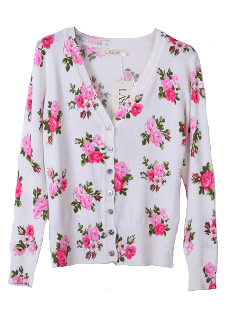 Women V Neck Floral Print Cardigan Sweater Knitwear Pure Cotton