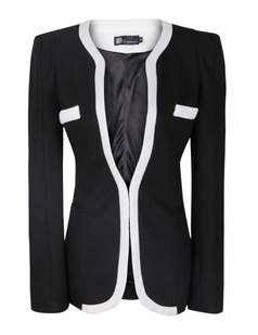 Women Black White Colors Career Slim Suit Blazer Jacket - PrettyGuide